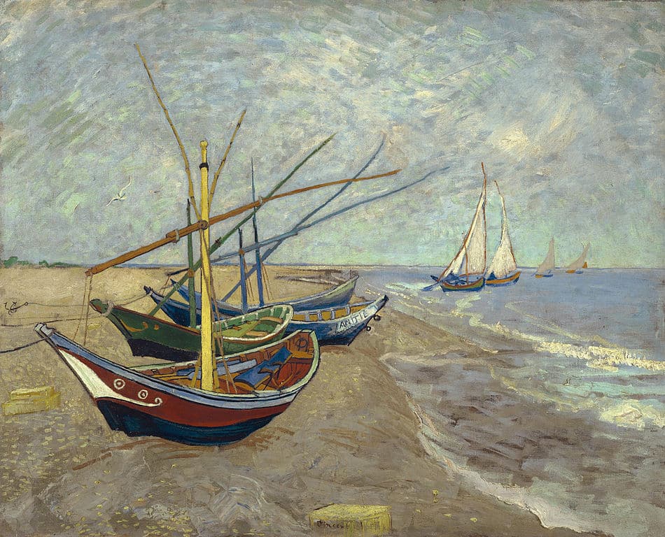 > Bateaux de pêche à Sainte Marie de la mer, tableau de Van Gogh (1888) au musée Van Gogh d'Amsterdam.