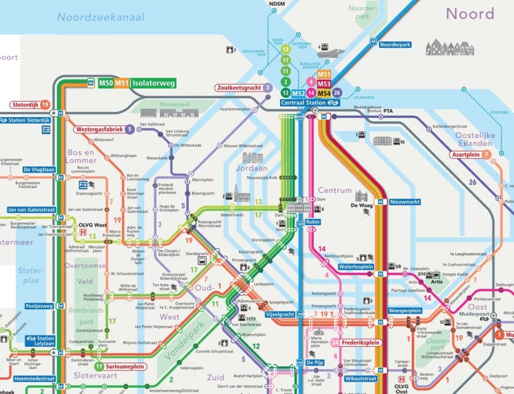 Carte du métro et tramway d'Amsterdam : Partie centrale.