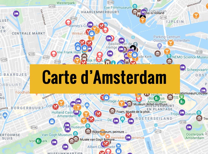 Carte d'Amsterdam (Pays-Bas) avec tous les lieux du guide touristique.