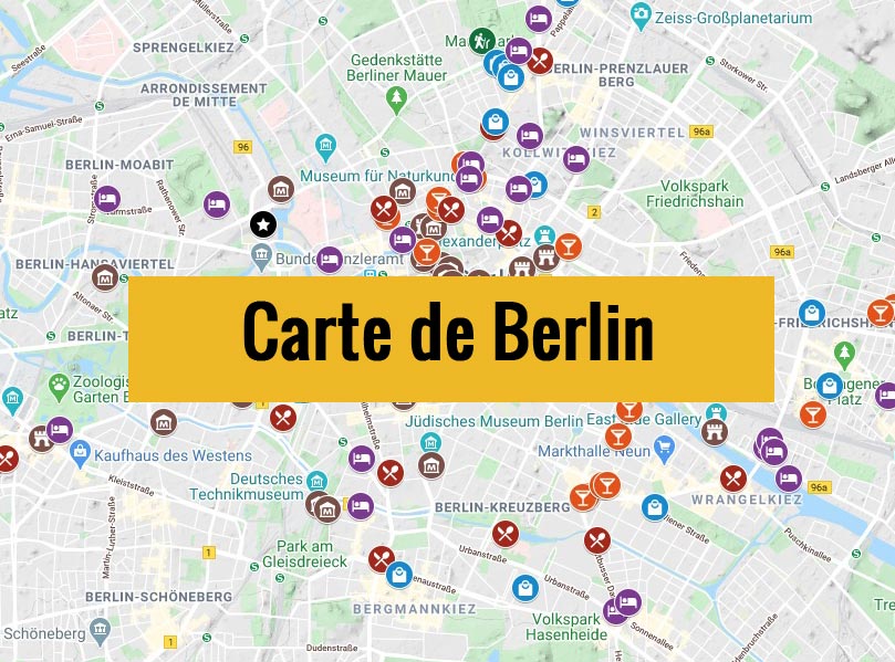 Carte de Berlin (Allemagne) avec tous les lieux du guide touristique.
