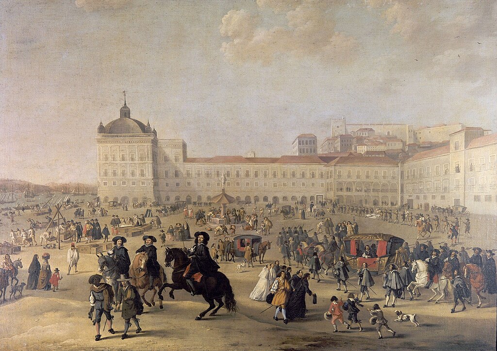 Place du palais (Terreiro do Paço) ouvrant sur le port au bord du Tage. Ici en 1662.