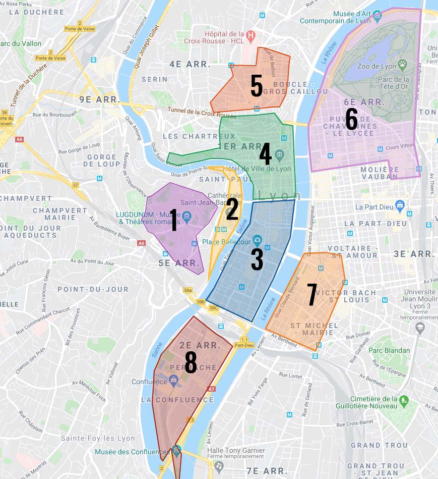 Carte des quartiers de Lyon.